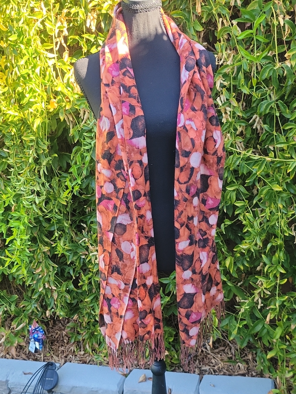 Nordstrom Orange Pink Floral-Print Fringe Scarf